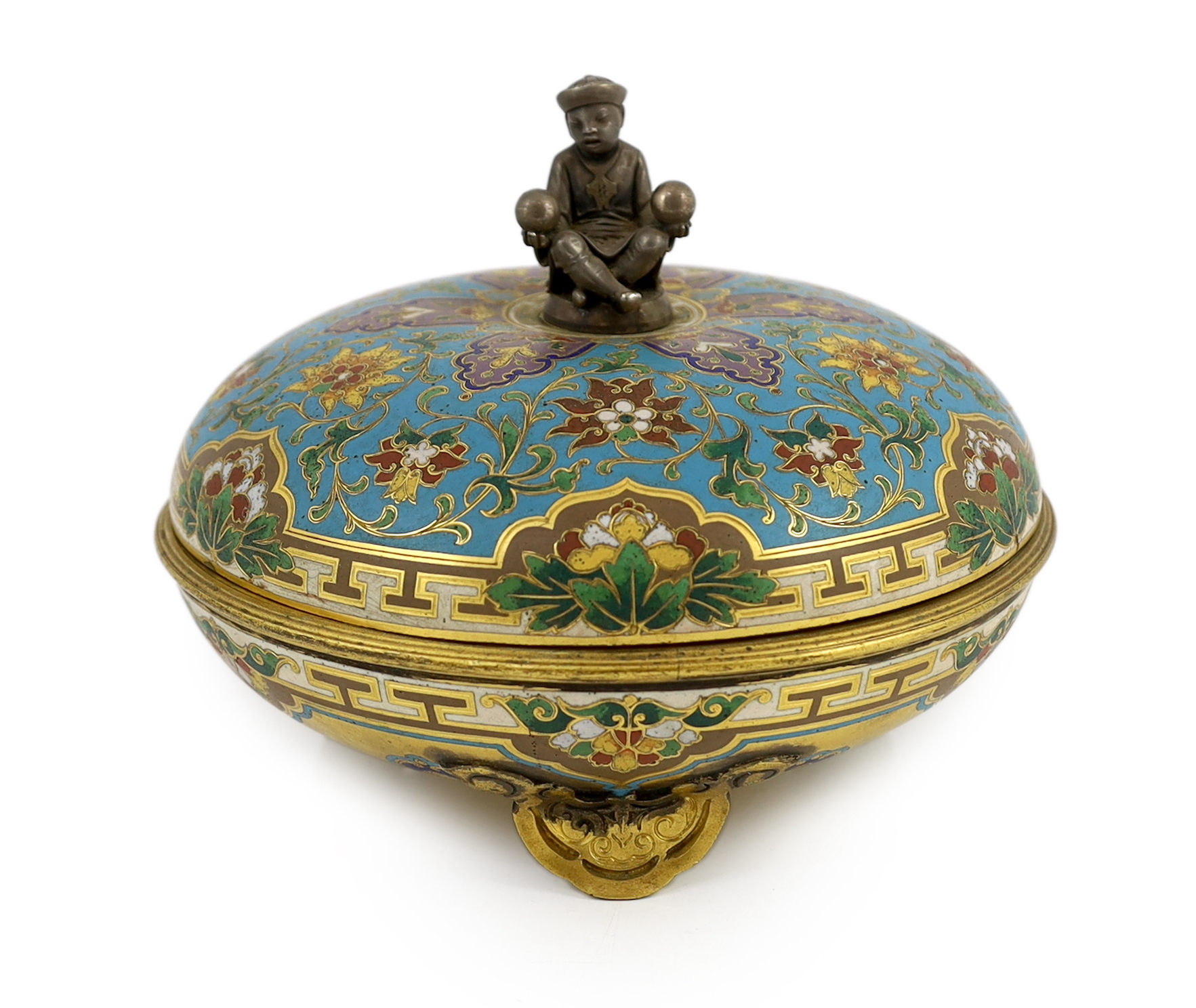 An unusual Elkington & Co. champlevé enamel chinoiserie dish and cover, c.1875, model no. 344